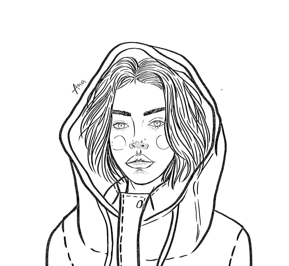 Раскраска Девочка с короткими волосами в капюшоне с надписью 