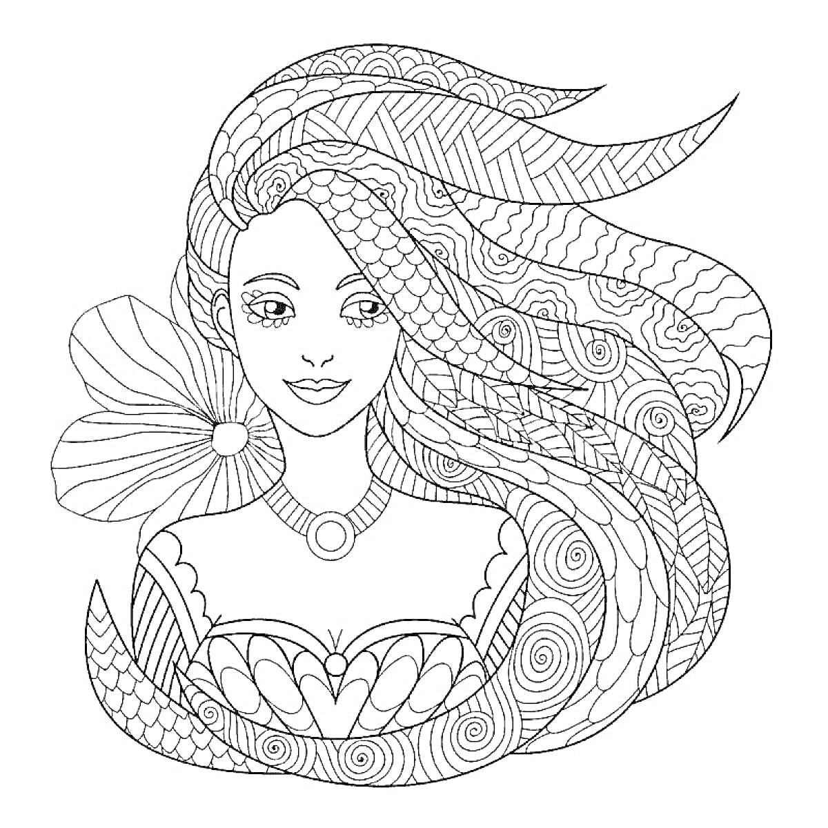 Раскраска Девушка с длинными волосами, цветком, в ожерелье и замысловатым узором
