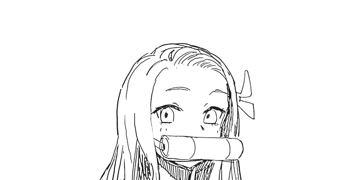 Раскраска Недзуко с бамбуковой трубкой во рту и бантом в волосах