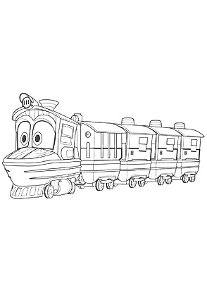 Раскраска Робот-поезд с большими глазами и тремя вагонами