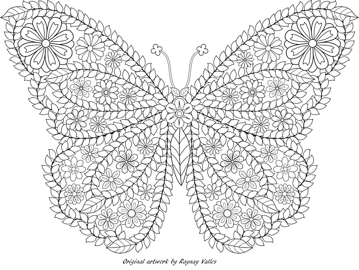 Раскраска Бабочка с орнаментом из цветов и листьев