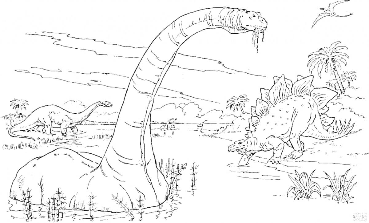 Динозавры у водоёма: брахиозавр, стегозавр, водоём, кусты, пальмы, птеродактиль, трава, заросли