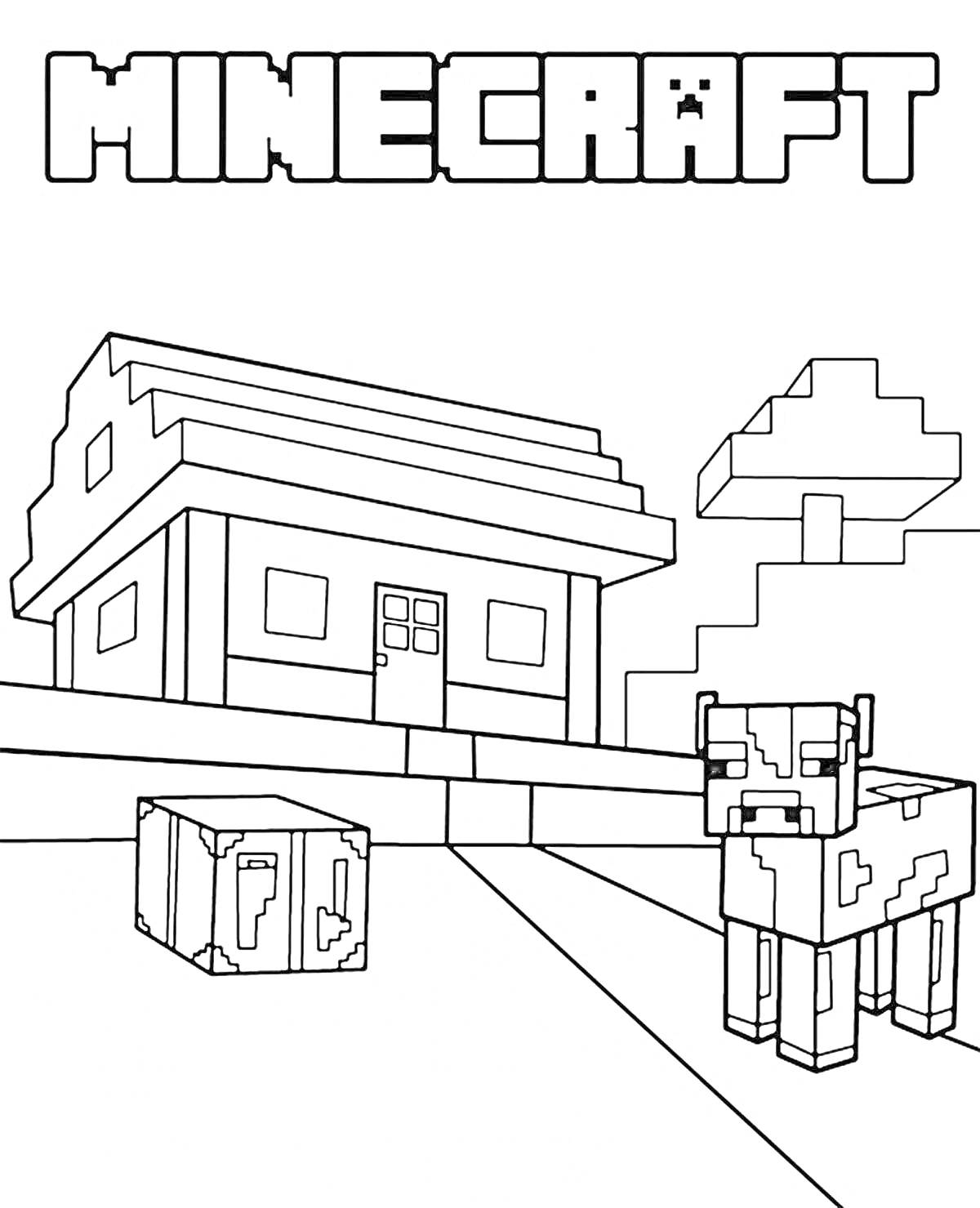 На раскраске изображено: Minecraft, Дом, Корова, Видеоигра, Майнкрафт, Кубы, Блоки, Деревья, Контурные рисунки