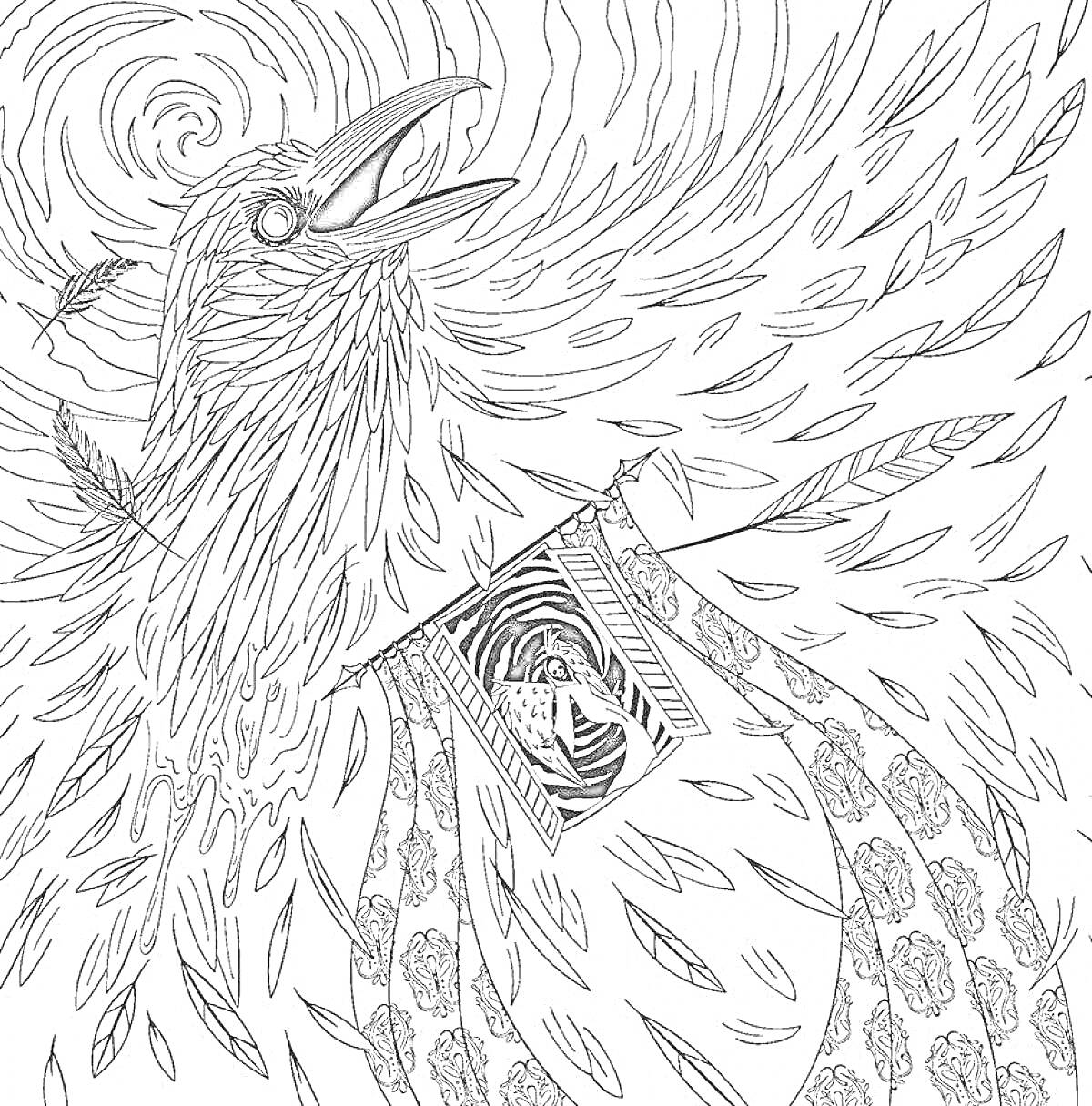 Раскраска Ворон с распахнутым клювом, в фоне перья и вращающийся узор, в груди воина на фоне лабиринта.