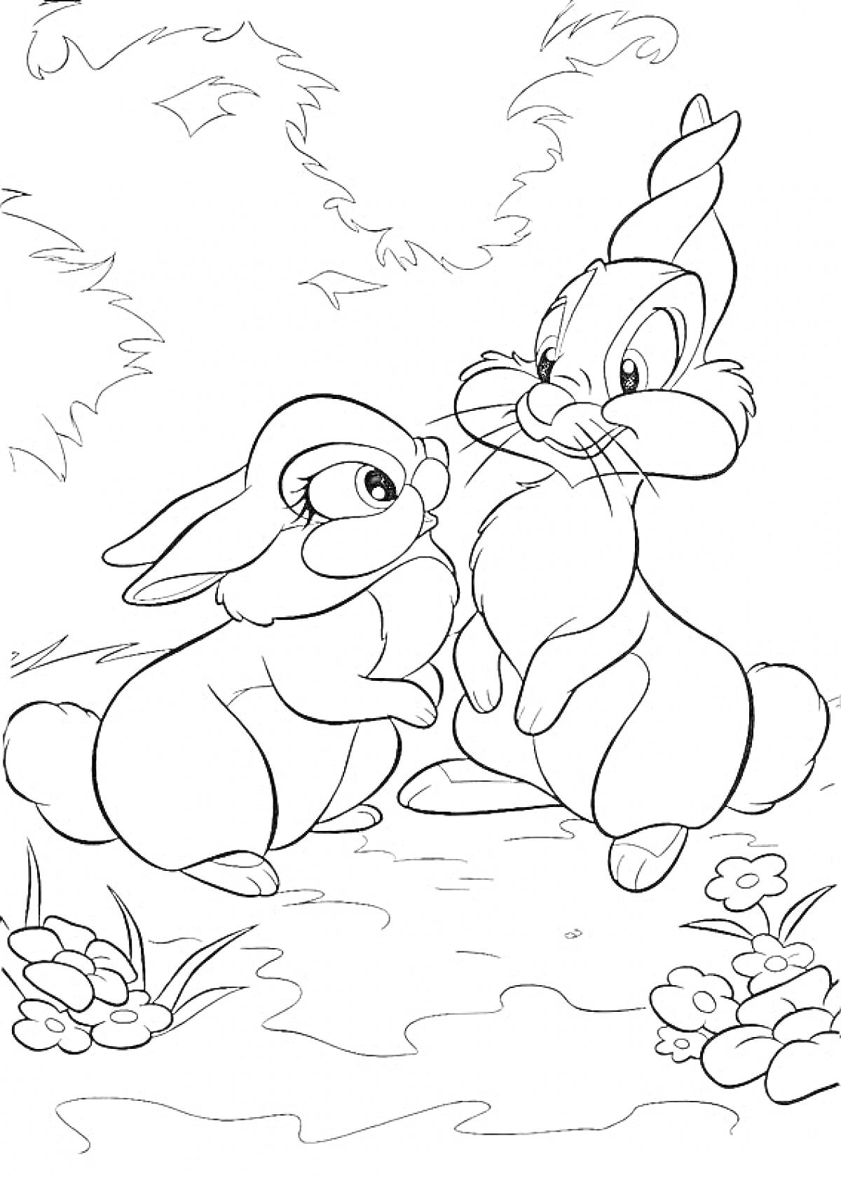 два кролика на лесной полянке с цветами и листьями