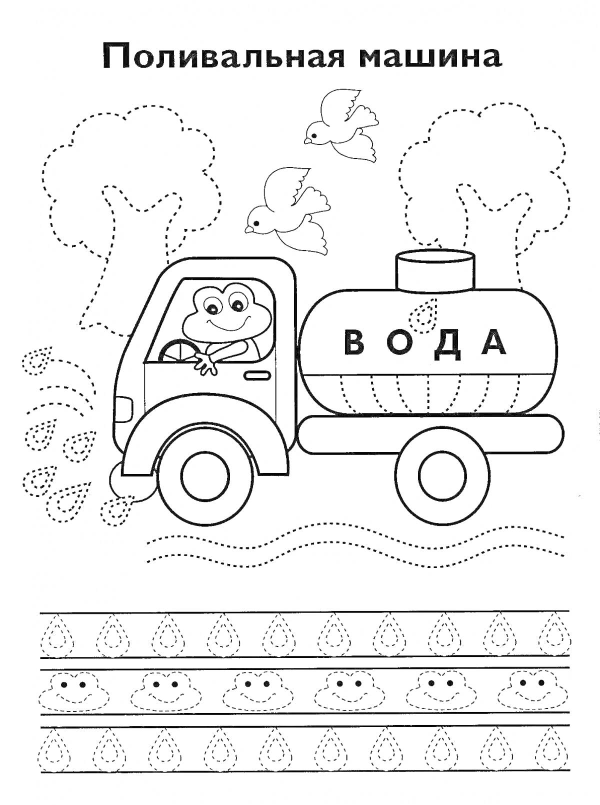 Раскраска Поливочная машина с обезьянкой за рулем, птицами, деревьями, каплями воды и узором внизу страницы.