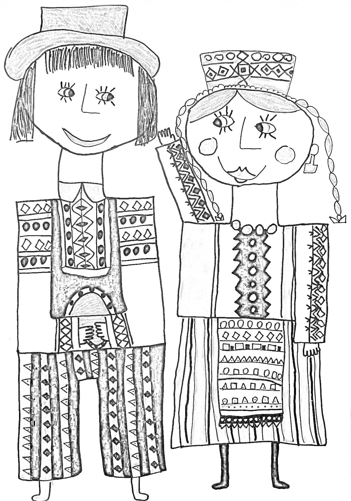 Раскраска Белорусский национальный костюм для детей - мальчик в шляпе и шароварах, девочка в венке и длинной юбке