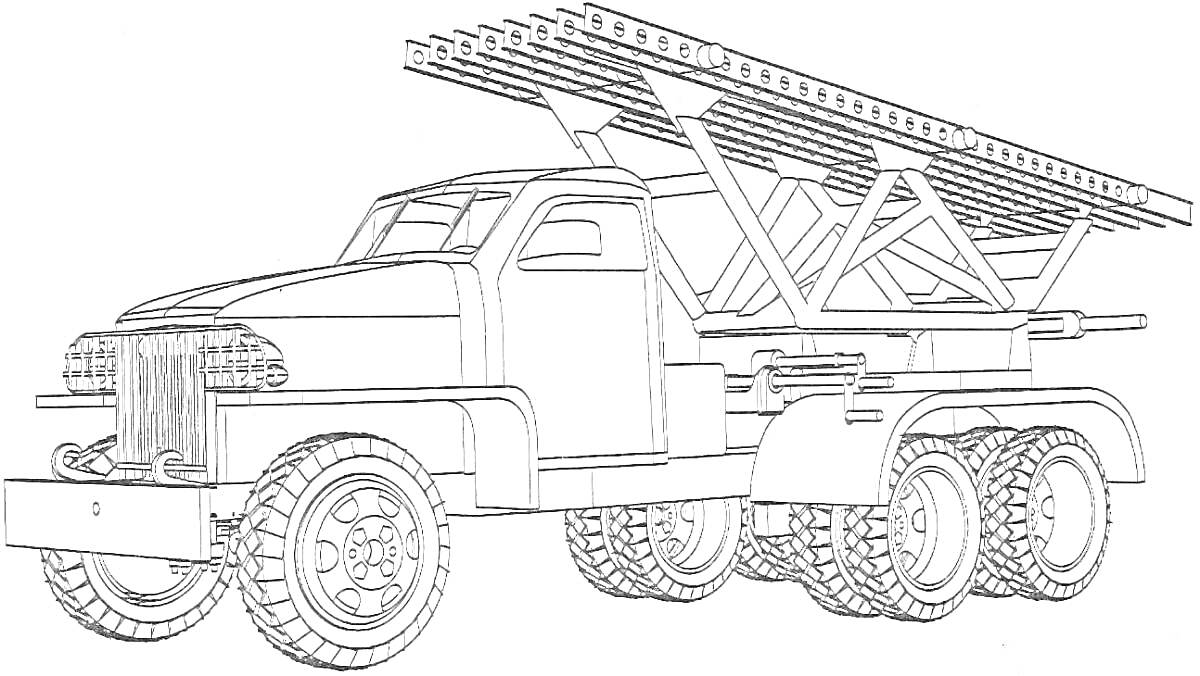 Раскраска Катюша на грузовике с ракетной установкой