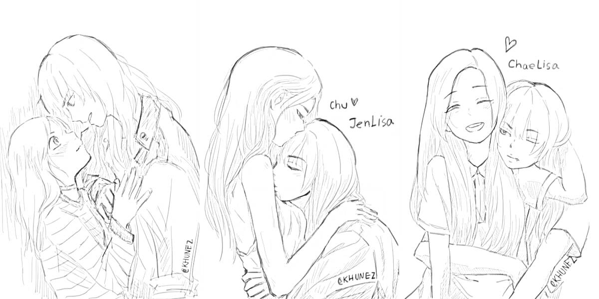 Раскраска три сцены с парой девушек, обнимающихся в разных позах с надписями Chu-JenLisa и CharLisa