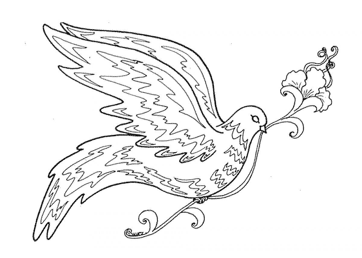 На раскраске изображено: Голубь, Птица, Контур, Крылья, Мир, Арт, Цветы