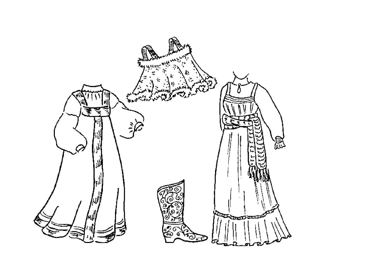 Раскраска Элементы русского народного костюма со всеми элементами: сарафан, косоворотка, сапог, пояс, орнаментированная рубашка.