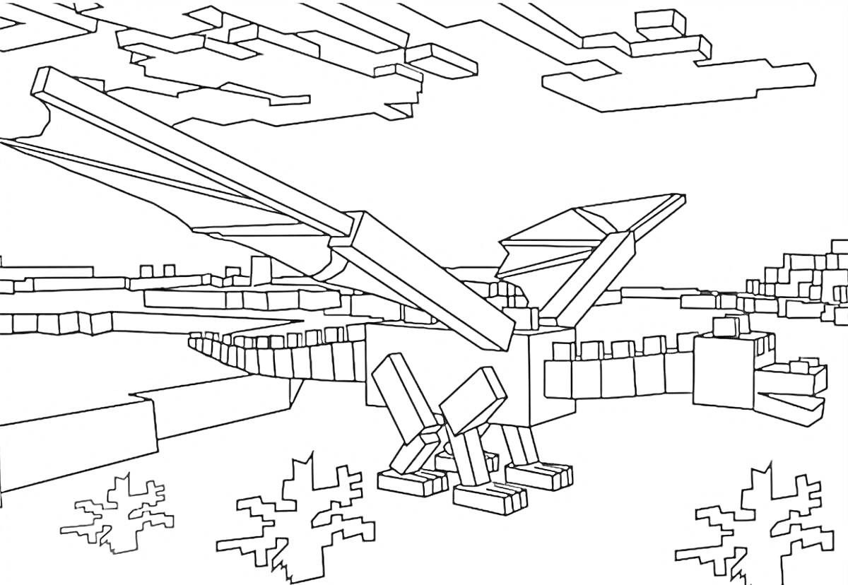 Раскраска Эндер дракон в блоковом мире среди облаков и блоков