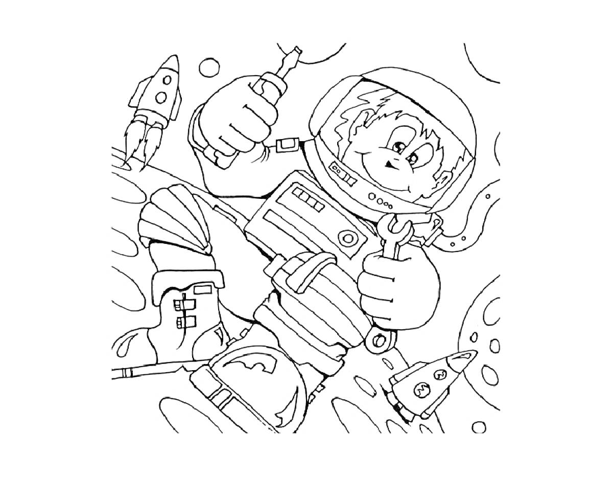 Космонавт с гаечным ключом и ракеты