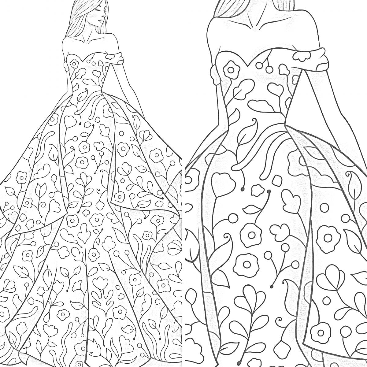 Раскраска Платья с цветочным узором на девушках
