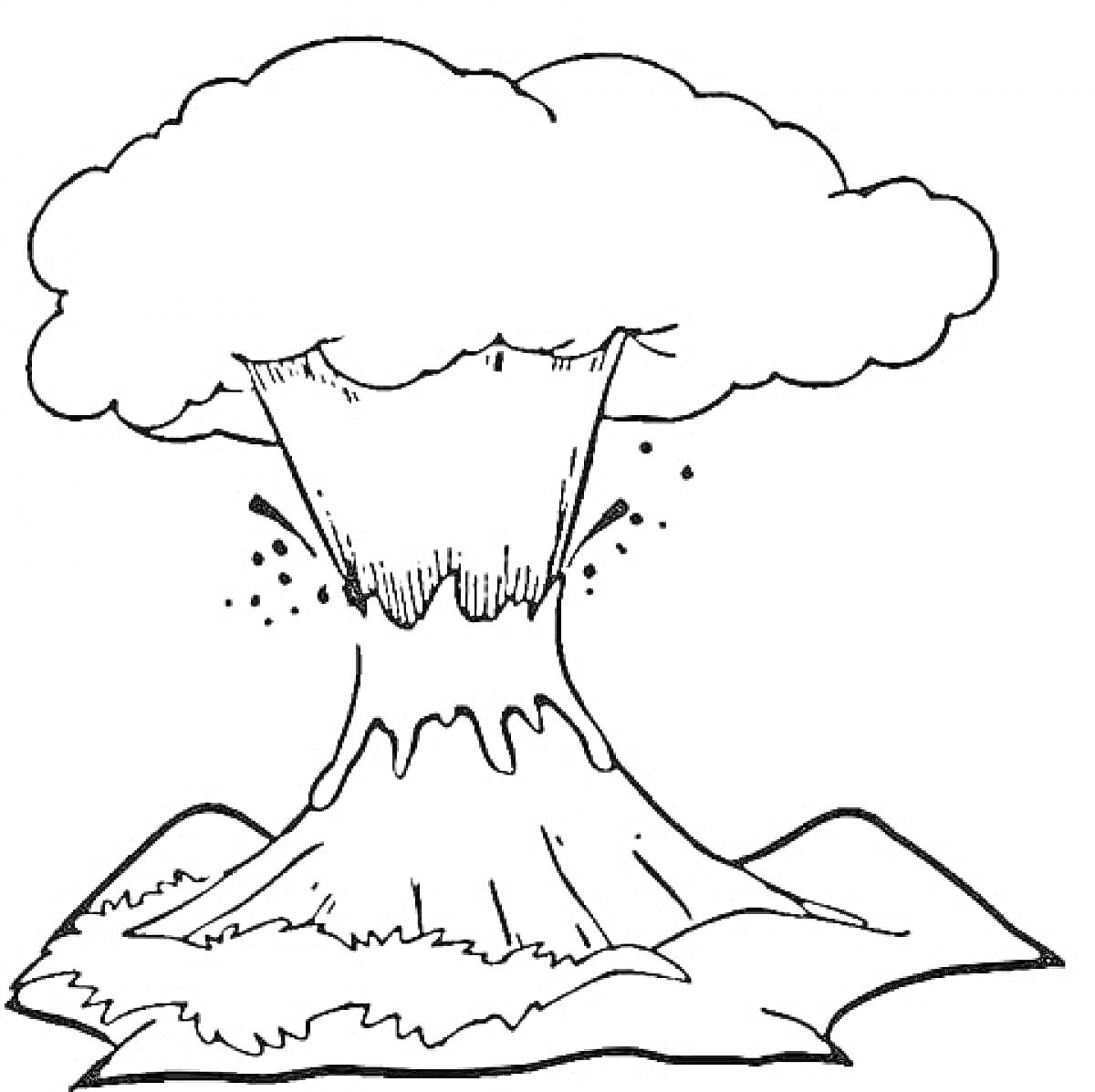 Извержение вулкана с облаком дыма и лавой, окруженного небольшими холмами.