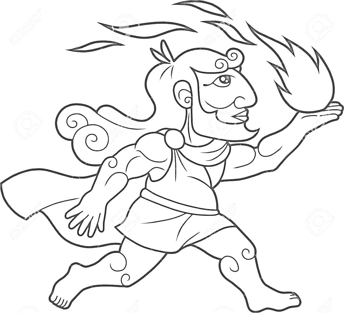 На раскраске изображено: Огонь, Мифологический персонаж, Древнегреческий стиль, Человек, Огненный шар, Длинные волосы, Легенда, Мифические существа