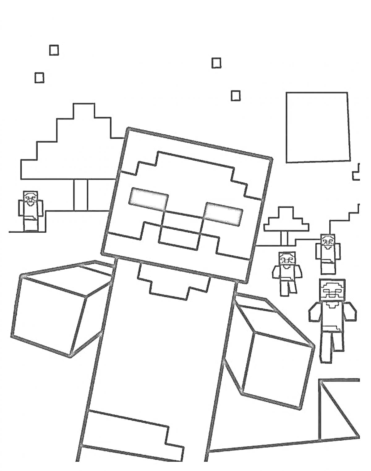 Раскраска Голова зомби крупным планом, игроки и здание на заднем плане