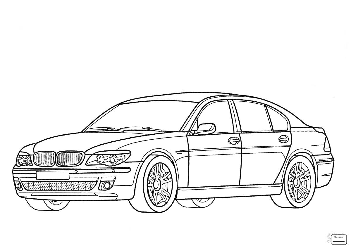 Раскраска Рассказка с изображением седана BMW, вид сбоку, с четырьмя дверями, аэродинамическими зеркалами, характерной решеткой радиатора, фарами, колесными дисками, дверными ручками и передним бампером.