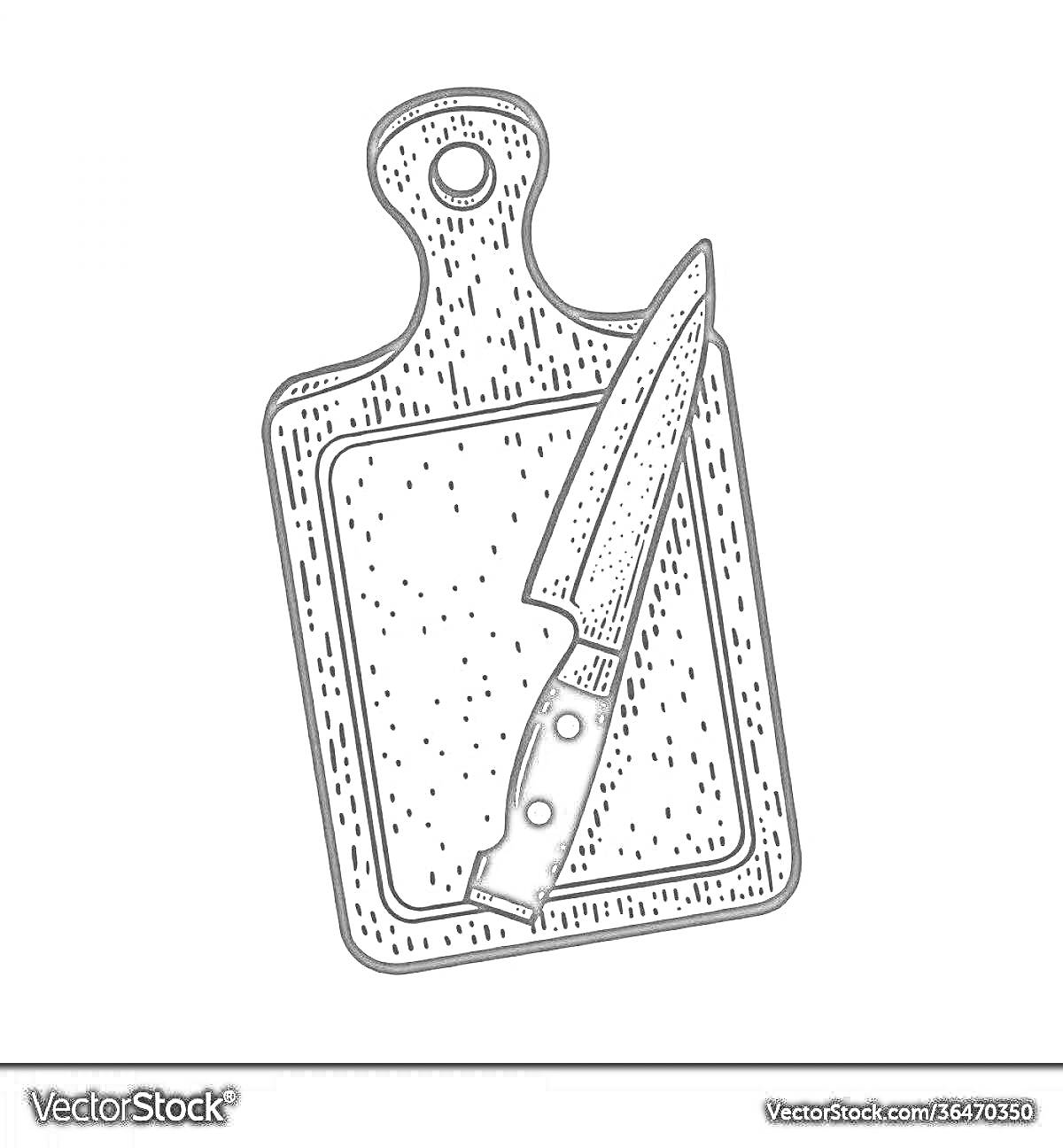 На раскраске изображено: Доска, Нож, Разделочная доска, Кухня, Кухонная утварь, Готовка, Резка, Иллюстрация