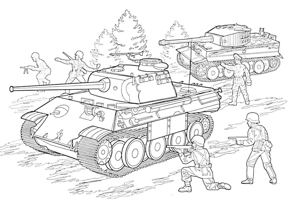 На раскраске изображено: Война, 1941-1945, Деревья, Бой, Оружие, Военная техника