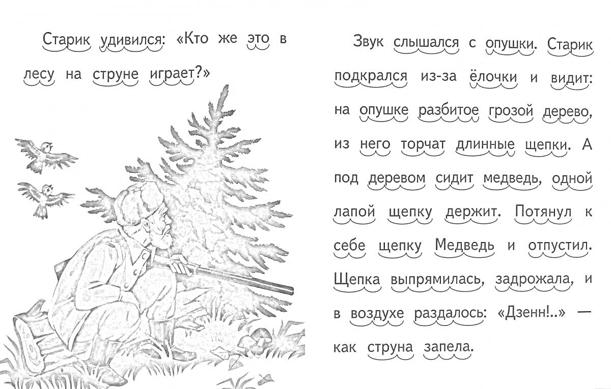 На раскраске изображено: Бианки, Старик, Лес, Слушать, Деревья, Текст