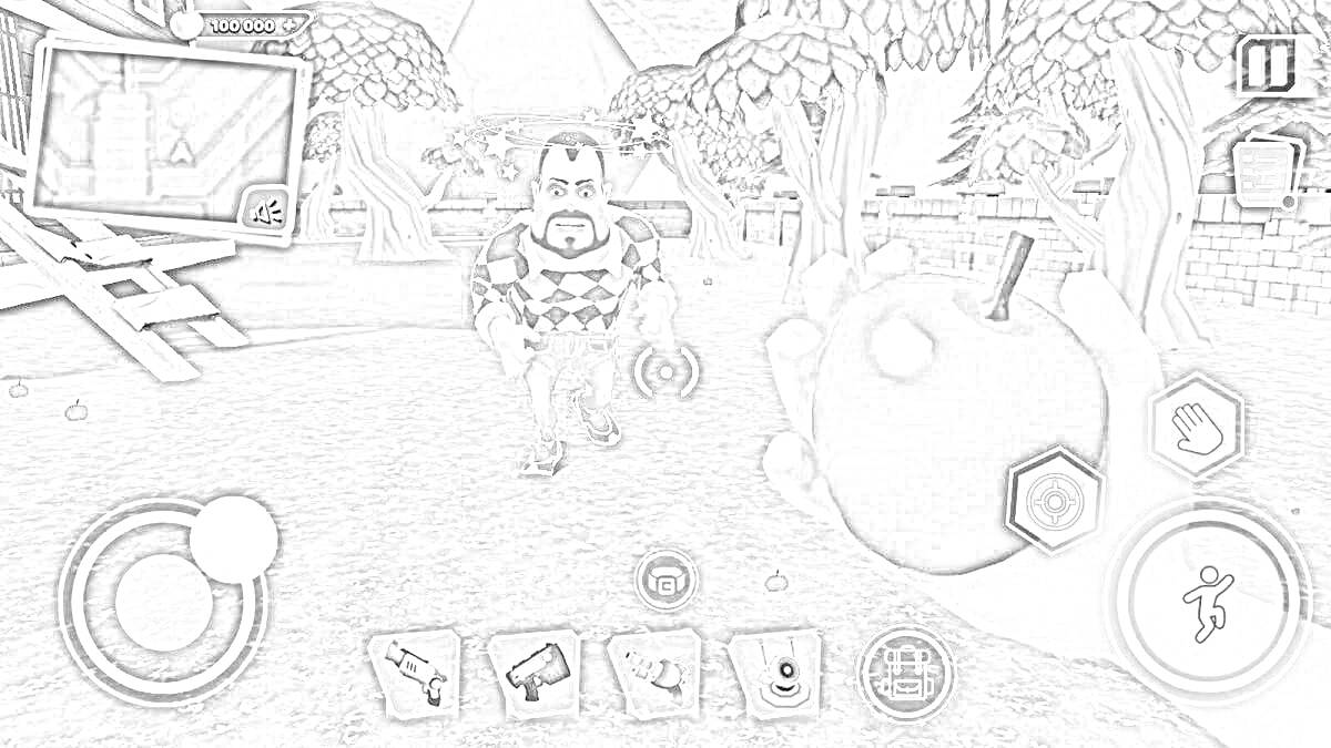 игровой момент в Дарк Риддл, на переднем плане рука с красным яблоком, на заднем плане недовольный персонаж в жилетке, дом на дереве и деревья