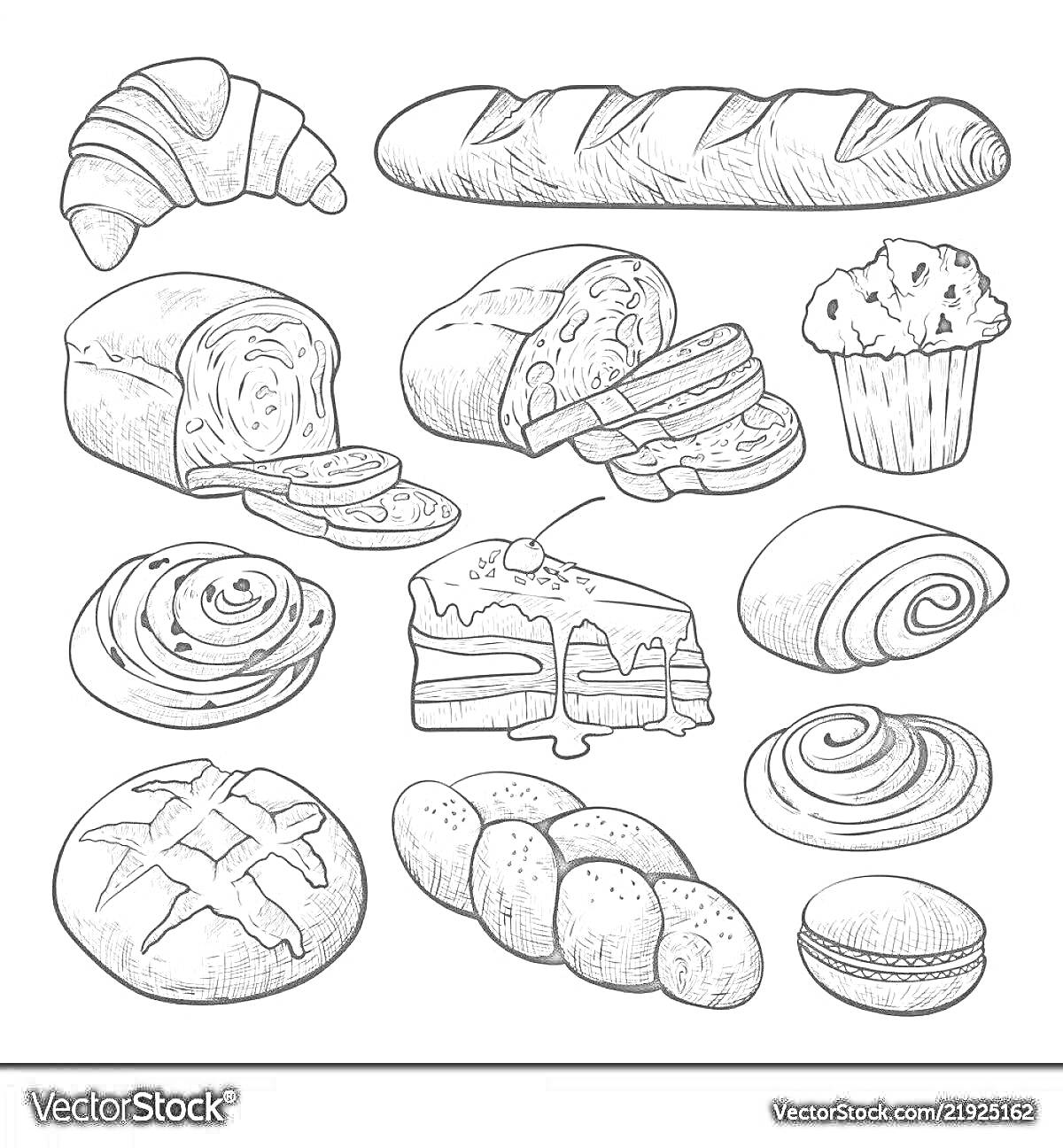 Раскраска Ассорти выпечки и десертов (круассан, багет, ломтики хлеба, кекс, булочки с корицей, торт, слойка с кремом, каравай, косичка из теста, макарон)