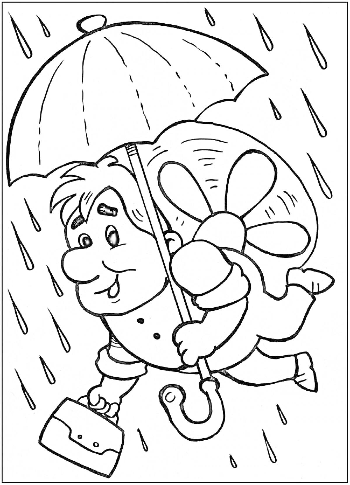 Раскраска Карлсон под зонтом на фоне дождя, летящий с пропеллером и сумкой