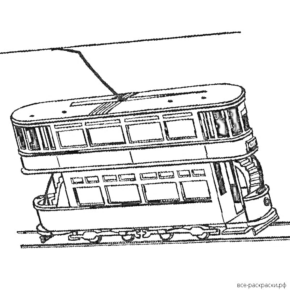 Раскраска Двухэтажный поезд с вагоном и контактным проводом