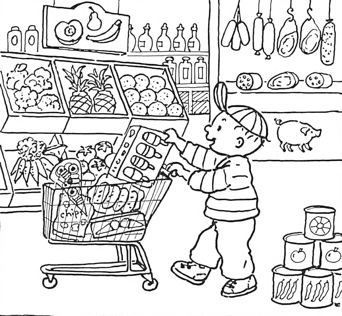 Раскраска Мальчик с тележкой в продуктовом магазине (овощи, фрукты, мясо, бутылки, корзина с продуктами, консервные банки)