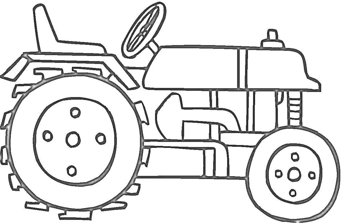 На раскраске изображено: Трактор, Транспорт, Сельское хозяйство, Большие колеса, Рулевое колесо
