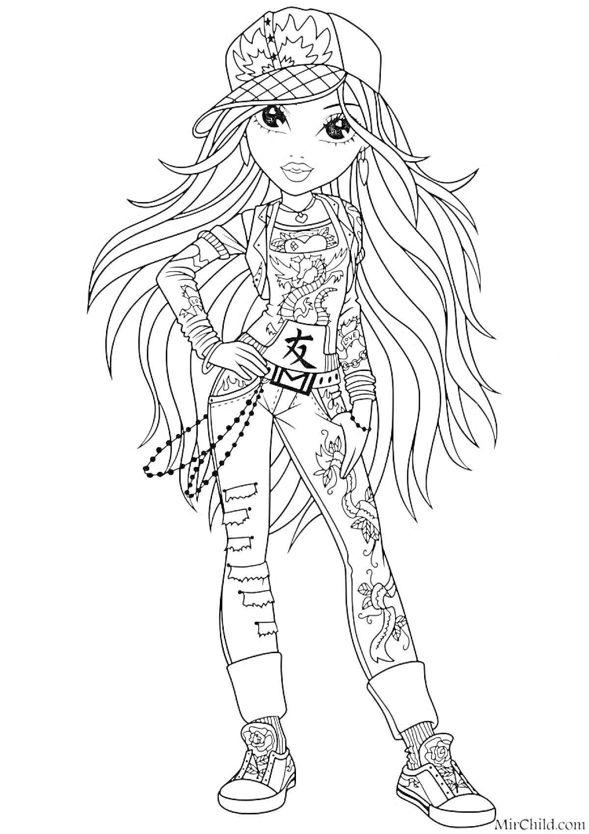 Раскраска Девочка в кепке и джинсах с драконами, с длинными волосами, в спортивной обуви и с рисунком на майке