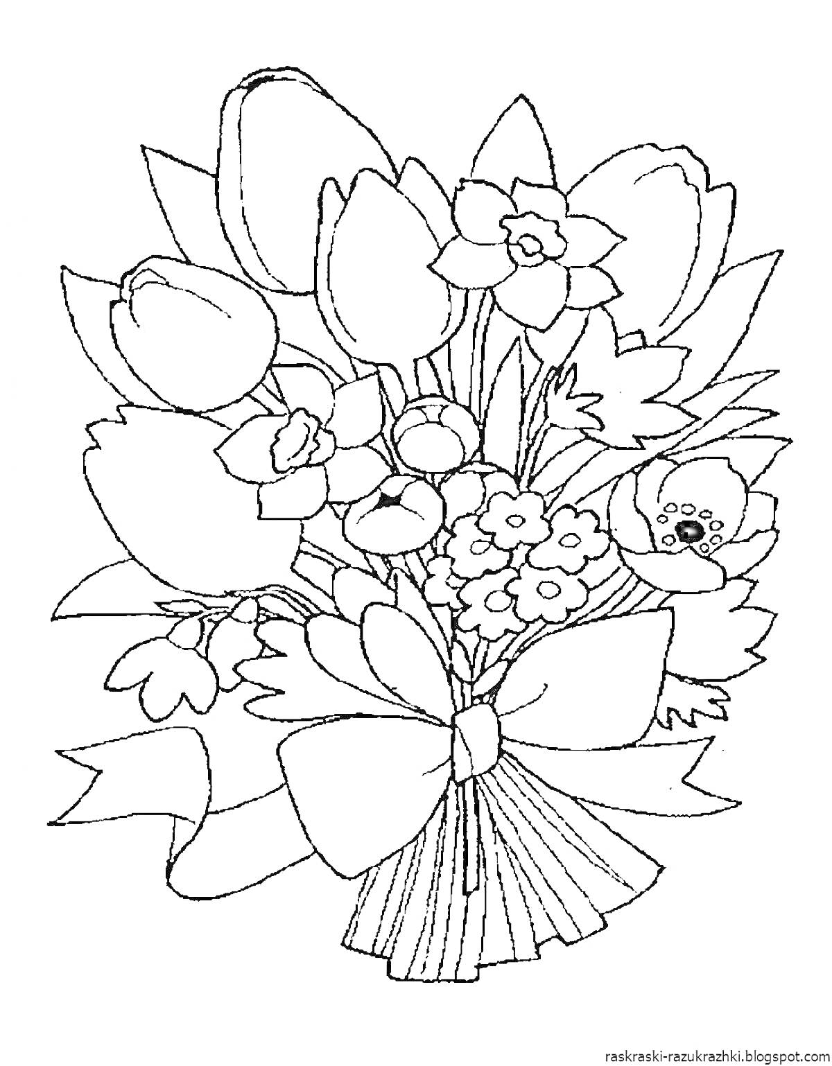 На раскраске изображено: Цветы, Тюльпаны, Нарциссы, Цветочный узор, Для детей, Для взрослых