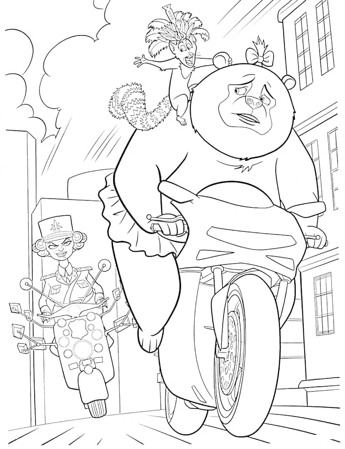 На раскраске изображено: Король Джулиан, Медведь, Мотоцикл, Погоня