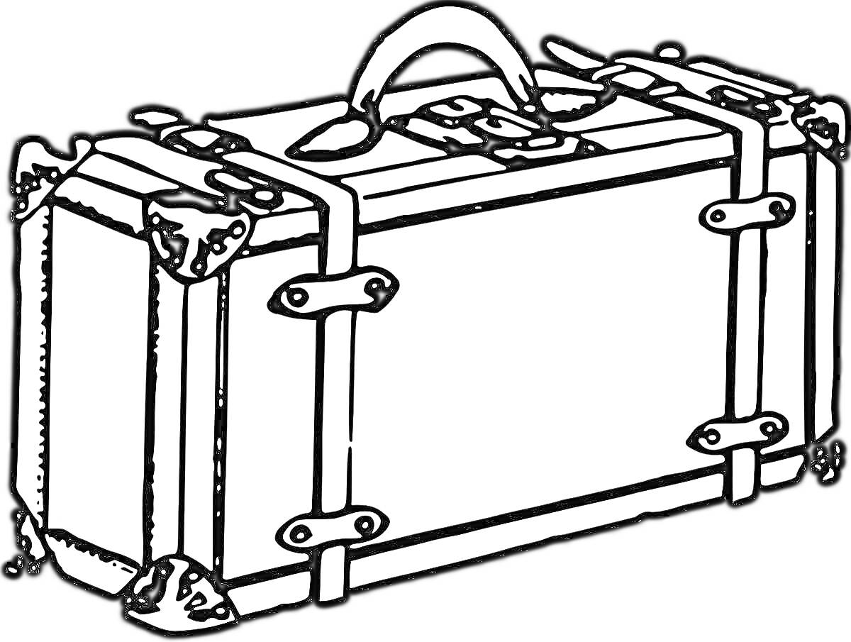 Раскраска Винтажный чемодан с ремешками, заклепками и ручкой