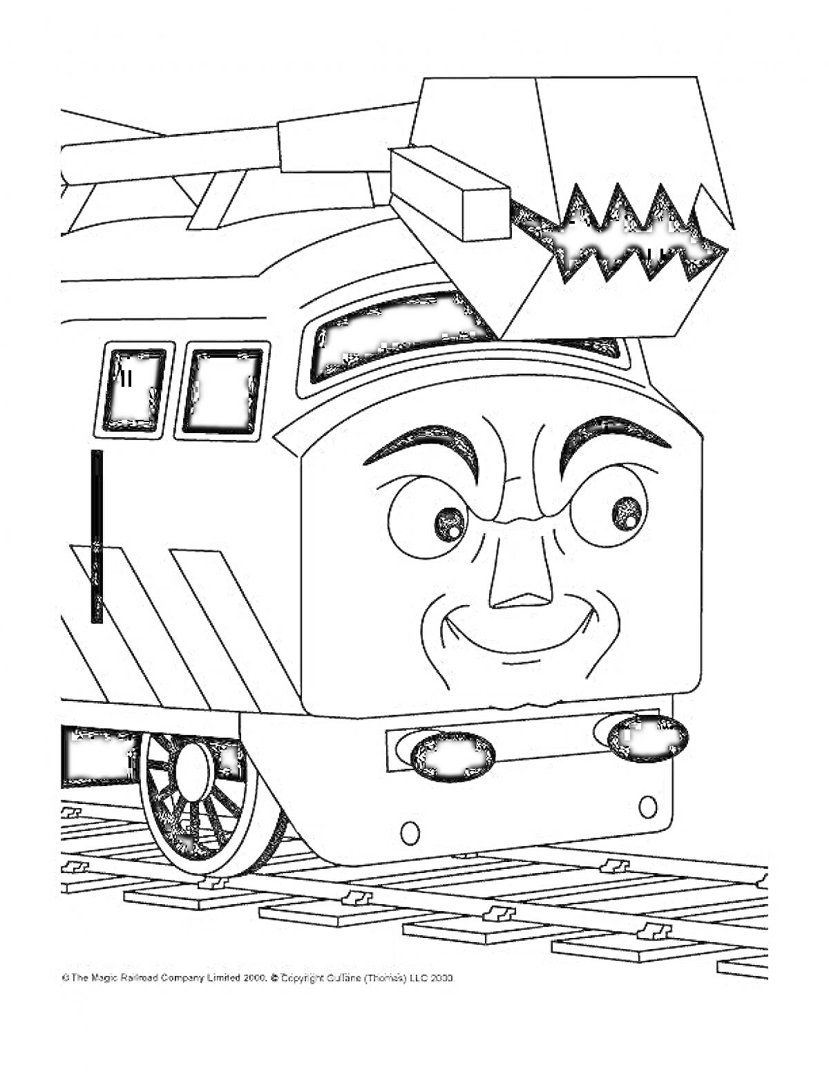 Раскраска Поезд с лицом и гигантскими зубами на железной дороге