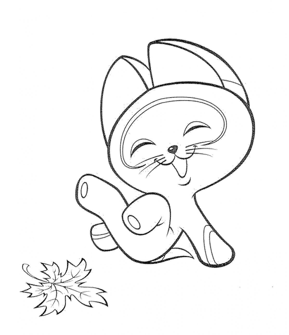 Раскраска Радостный котенок с листочком