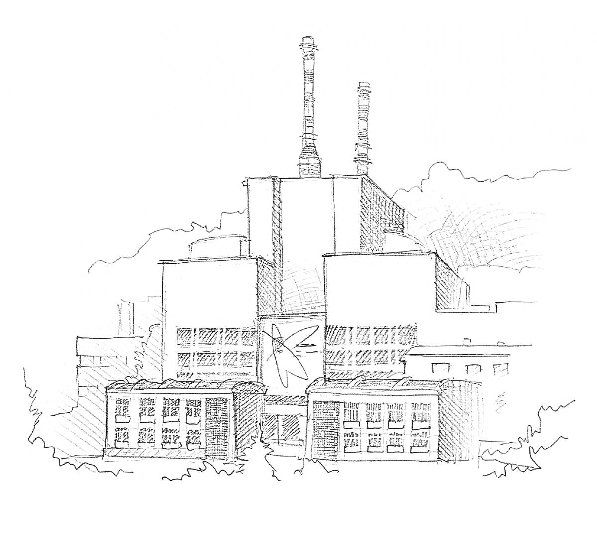 Чертеж Чернобыльской АЭС с двумя дымовыми трубами и символом атома на здании