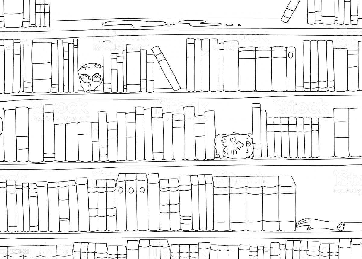 Раскраска Полка с книгами, среди которых выглядывают два человеческих лица и видна рука, а также очки и чашка