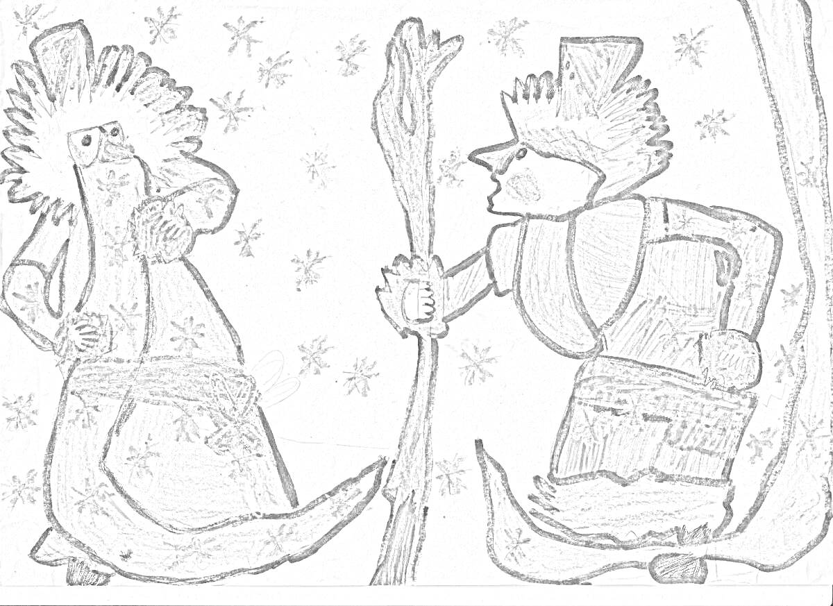 На раскраске изображено: Два мороза, Зима, Из сказок, Снег, Снежинки, Зимняя одежда, Посохи