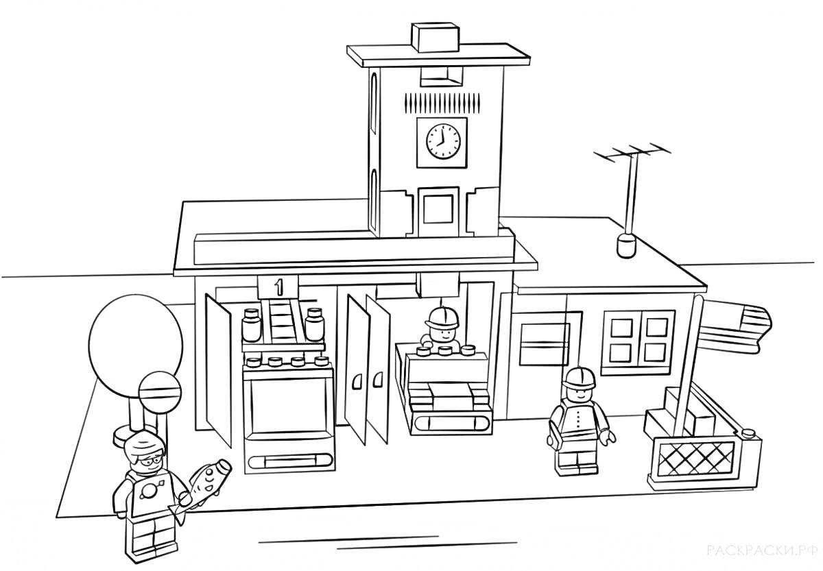 На раскраске изображено: Лего, Полиция, Полицейский участок, Сотрудники, Здание