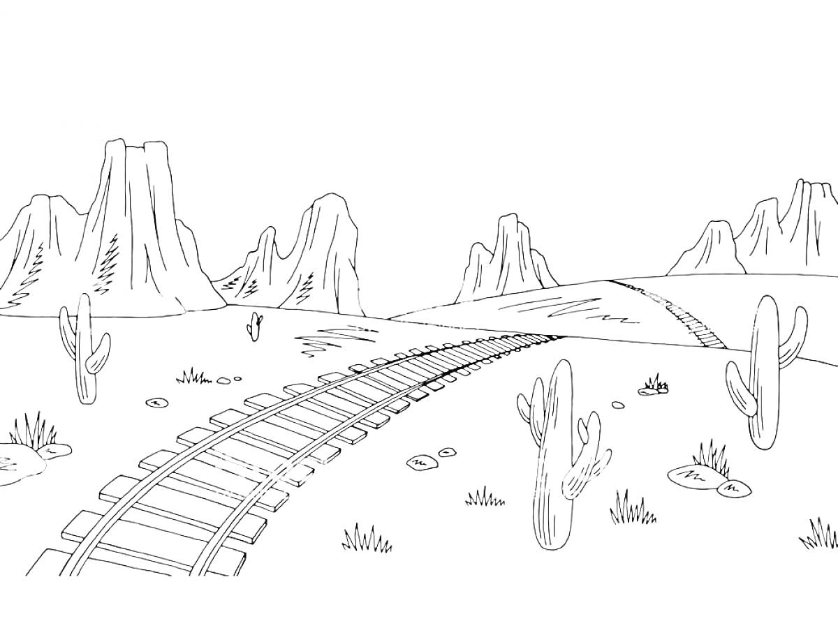 На раскраске изображено: Железная дорога, Рельсы, Пустыня, Кактусы, Горы, Природа, Пейзаж