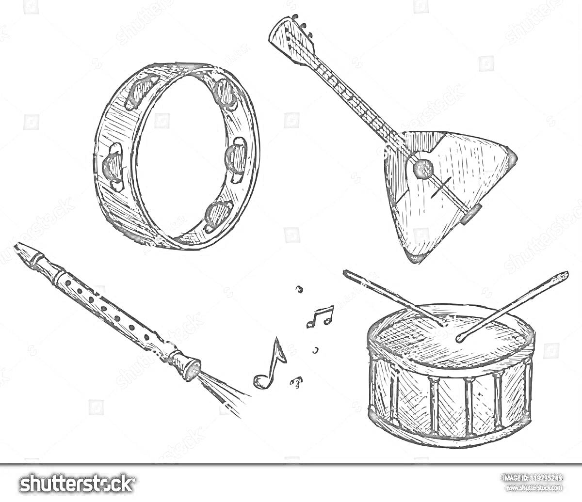 На раскраске изображено: Музыкальные инструменты, Барабан, Балалайка, Бубен, Свисток, Ноты, Чернила