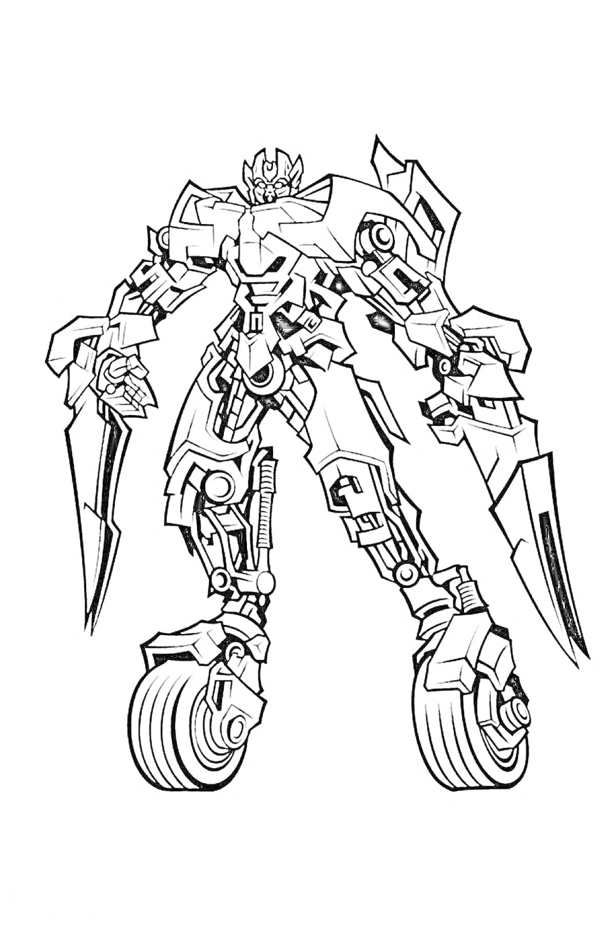 На раскраске изображено: Трансформеры, Робот, Колеса, Меха, Боевая машина, Оружие, Меч