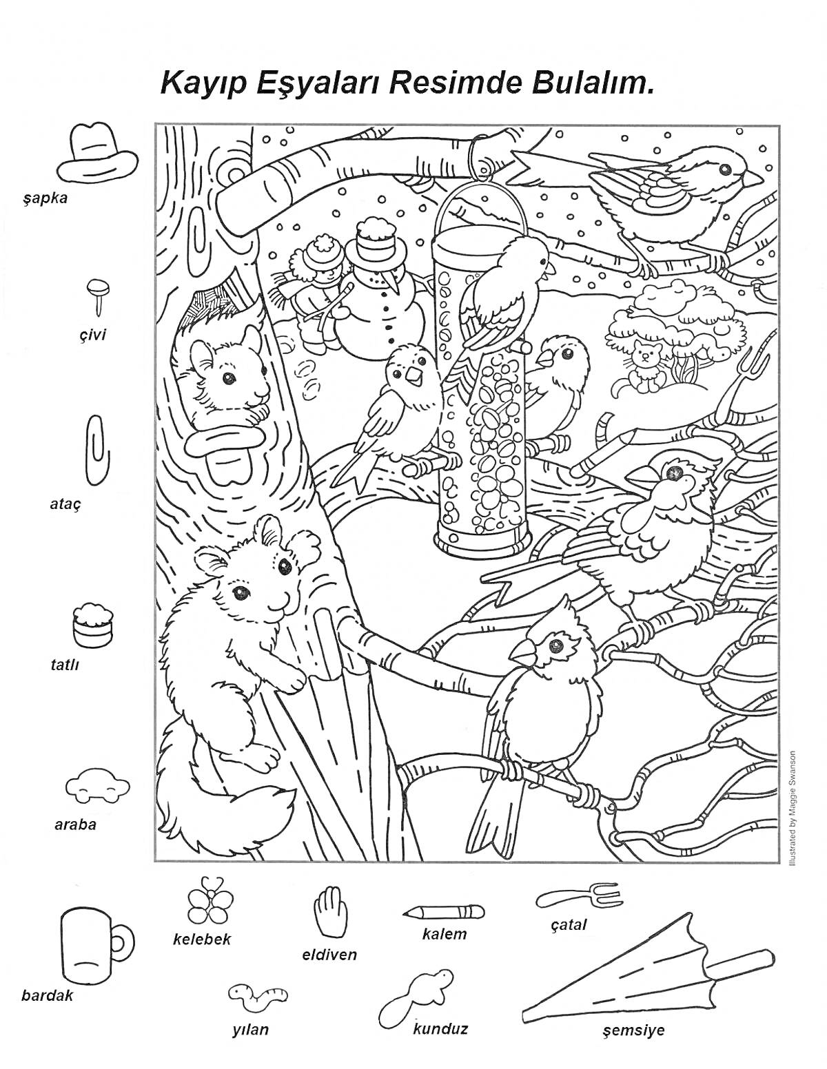 На раскраске изображено: Шапка, Ручка, Ножницы, Морковь, Варежка, Яблоко, Цифра 2