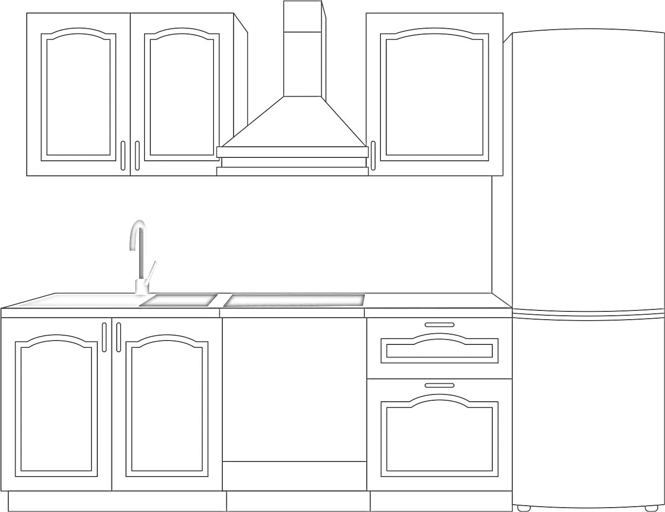 Раскраска Кухонный гарнитур с верхними и нижними шкафами, вытяжкой, раковиной и холодильником
