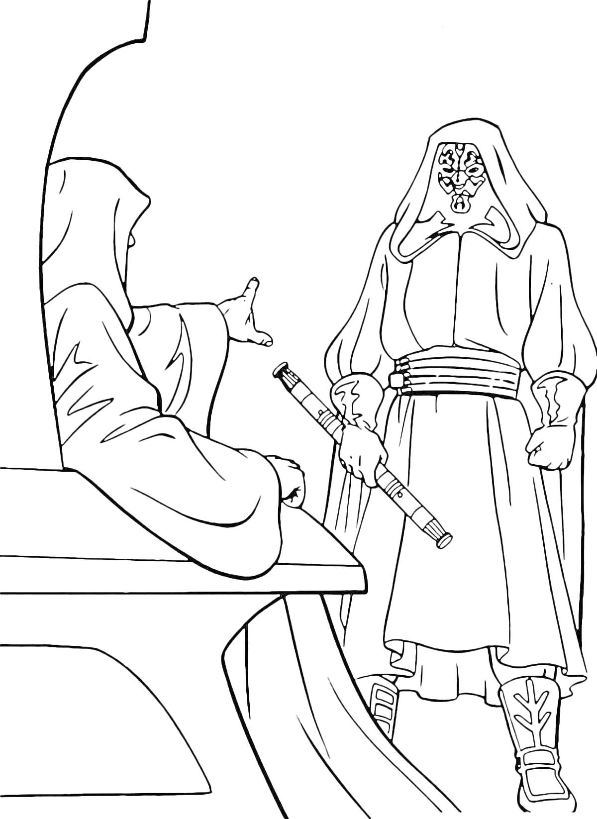 На раскраске изображено: Дарт мол, Световой меч, Капюшон, Сидящий человек, Звездные войны