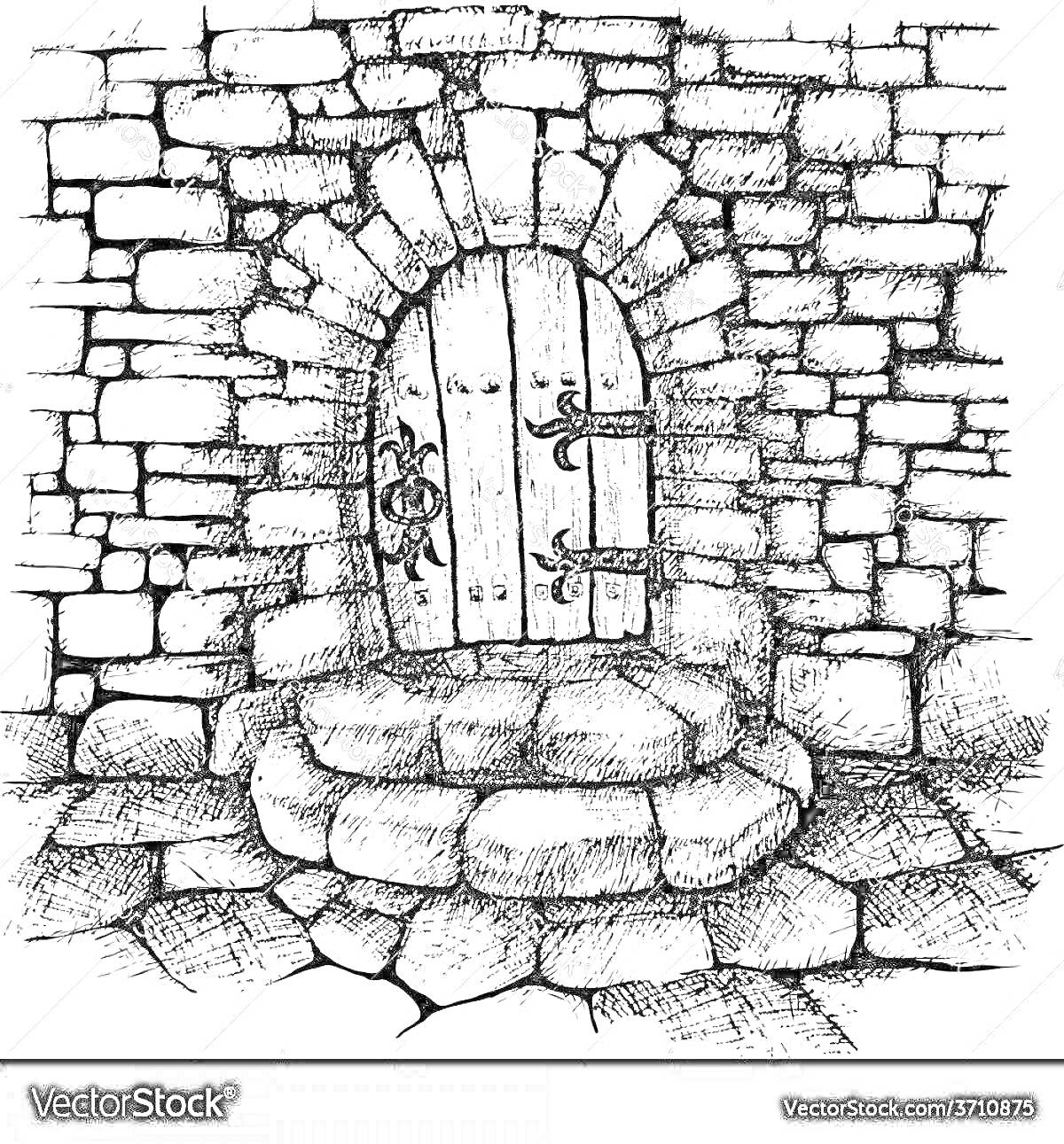 Раскраска Каменная стена с дверью и ступеньками