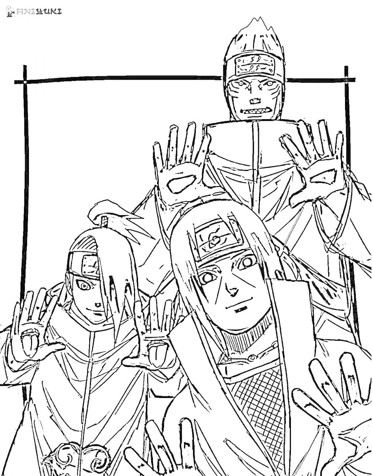 На раскраске изображено: Аниме, Руки вверх, Рама, Трое персонажей, Линия искусства