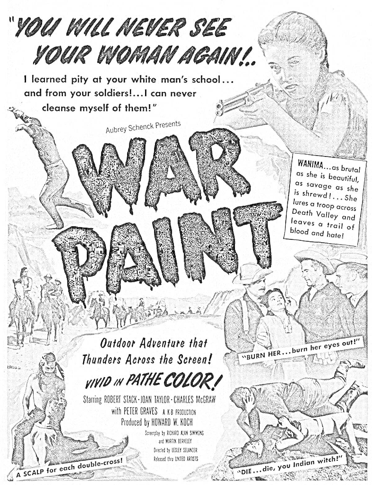 War Paint (с женщиной на верхнем правом углу, держащей ружье, и группой людей внизу, изображающих сцену боя)